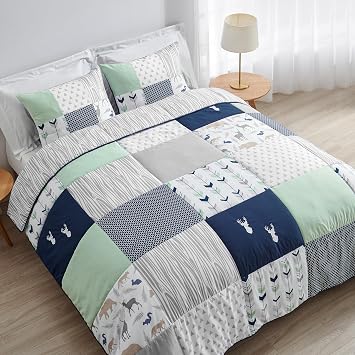 Sweet Jojo Designs Navy Blue, Mint and Grey Woodsy Deer Girls 3 Piece Full/Queen Bedding Set