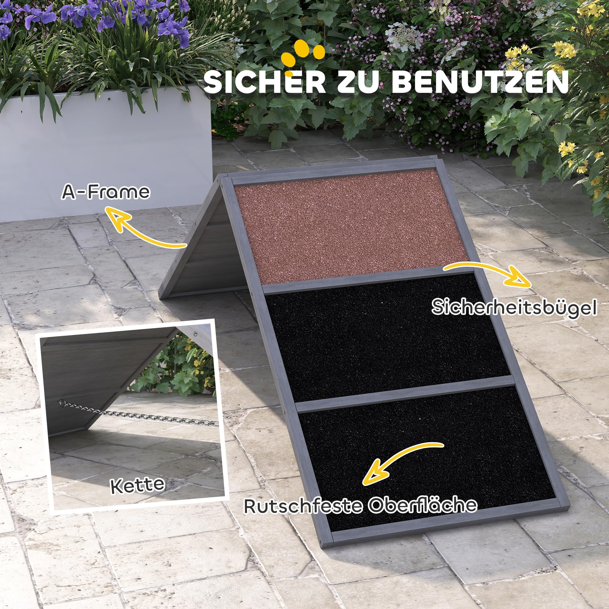 PawHut Hunde Agility Steg, Agility-Ausrüstung für Hunde mit rutschfeste Oberfläche, A-Rahmen, höhenvertstellbar Agility-Gerät belastbar bis 40 kg, für Garten, 173 x 59 x 66 cm, Grau