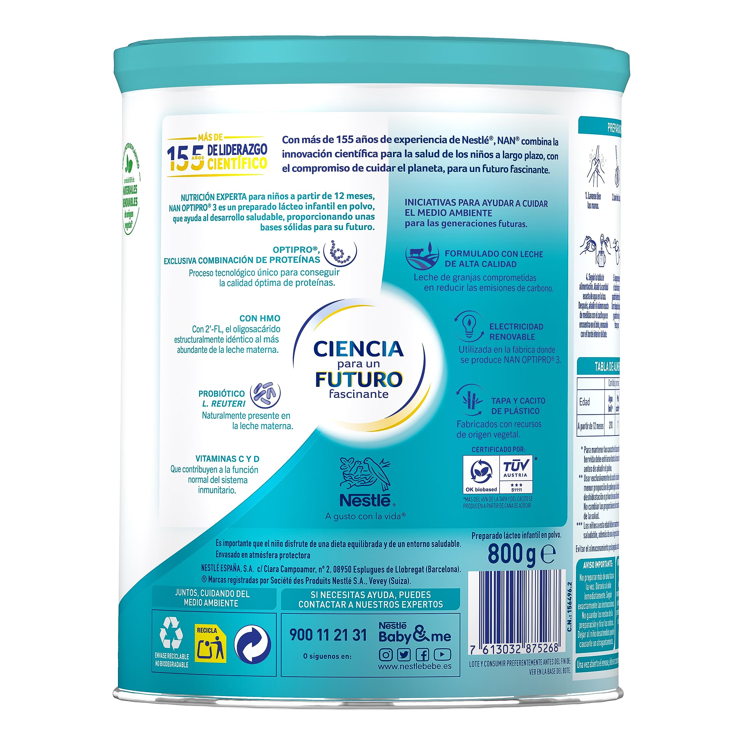 Nan Nestlé Optipro 3 Fórmula de Crecimiento en Polvo, 12 Meses +, 800g (Paquete de 4)