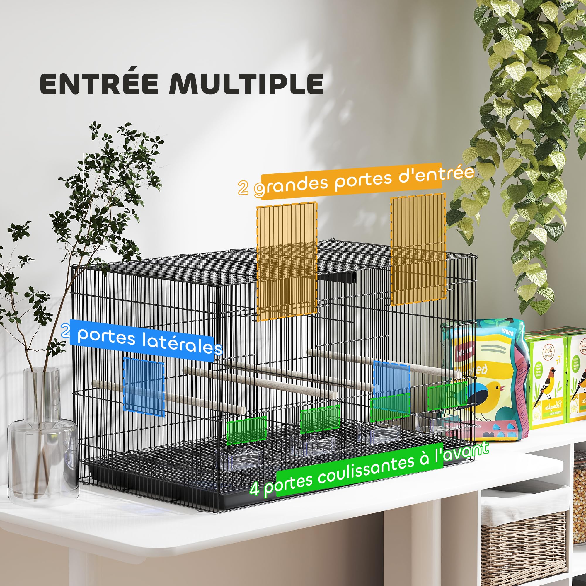 PawHut Cage à Oiseaux volière intérieur en Acier avec séparateur, 4 perchoirs en Bois, Plateau Coulissant, 4 mangeoires, pour perruches, canaris, pinsons, 76 x 46 x 46 cm, Noir