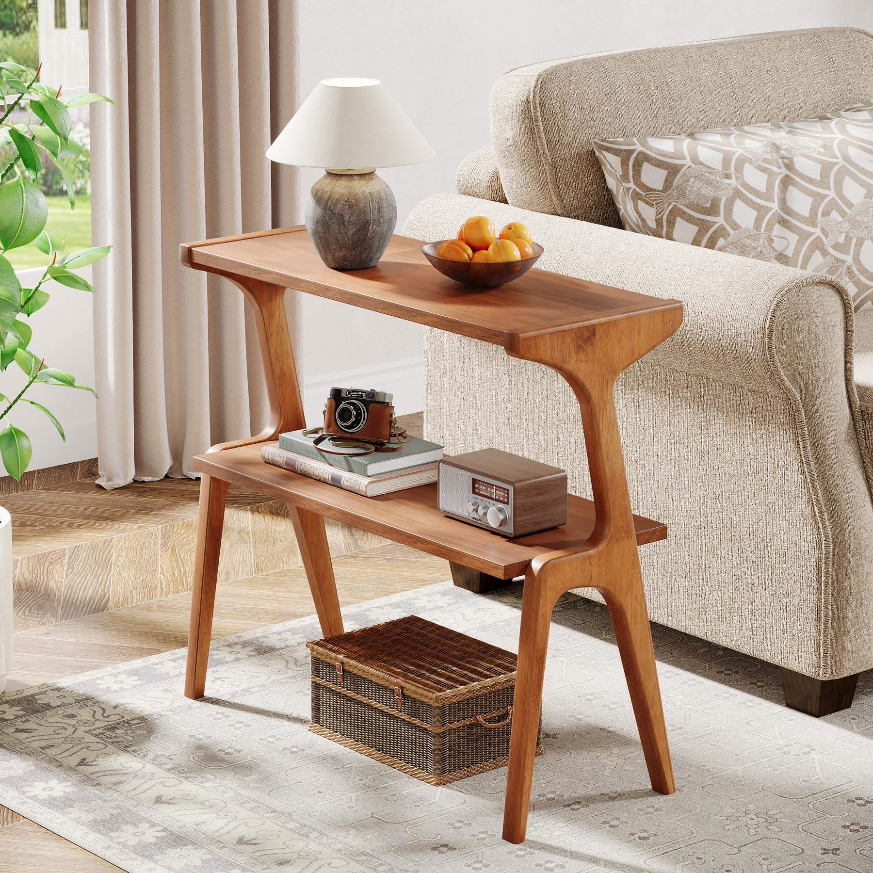 Tribesigns Mesa de madera maciza alta y estrecha con extremo de estante de almacenamiento de 2 niveles, mesa de sofá delgada para sala de estar, moderna