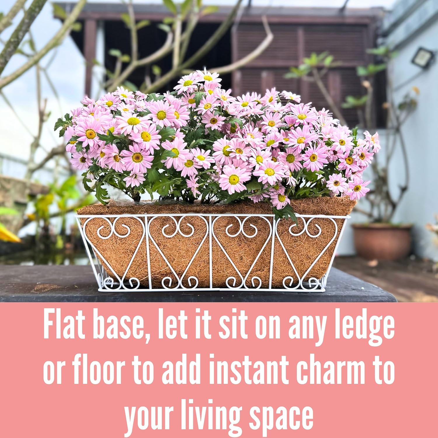 LaLaGreen Bundle- 2 Pack, 16 Inch Rectangular Metal Basket with Coco Liner + 2 Pack, 16 Inch Coconut Coir Liner Replacements Outdoor Window Flower Boxes Rail Deck Fence Porch Plants Holder Patio Decor