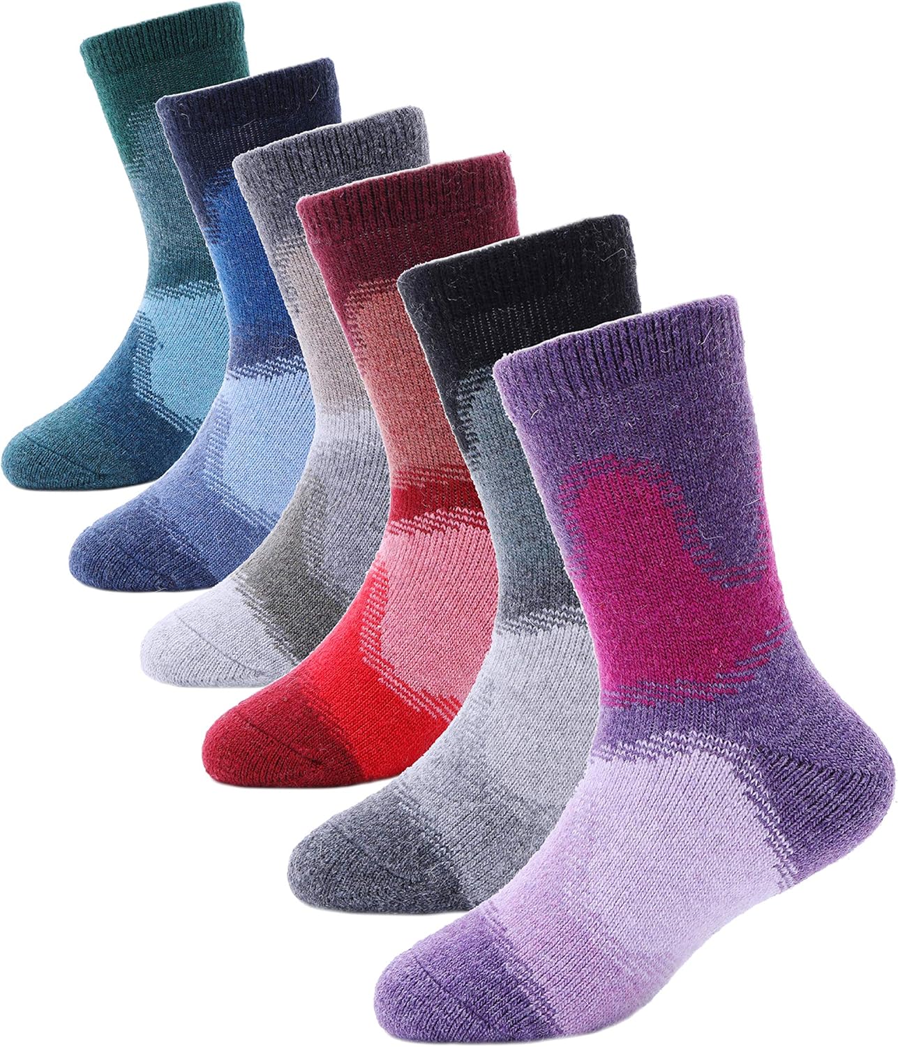 MOGGEI Kids Merino Wool Hiking Socks Boys Girls Toddler Thermal Winter Warm Thick Cushioned Moisture Wicking Socks 6 Pairs