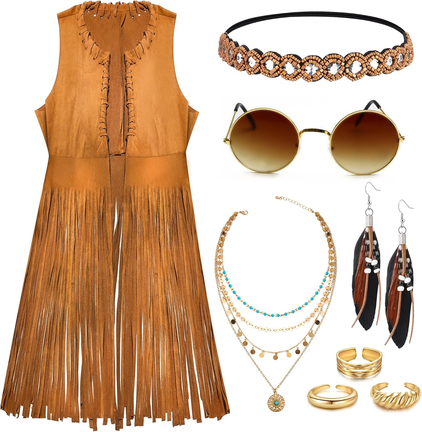 60s 70s Outfits for Women Hippie Disco Costume Boho Fringe Vest Clothes for Halloween Party Hippie Accessories Set