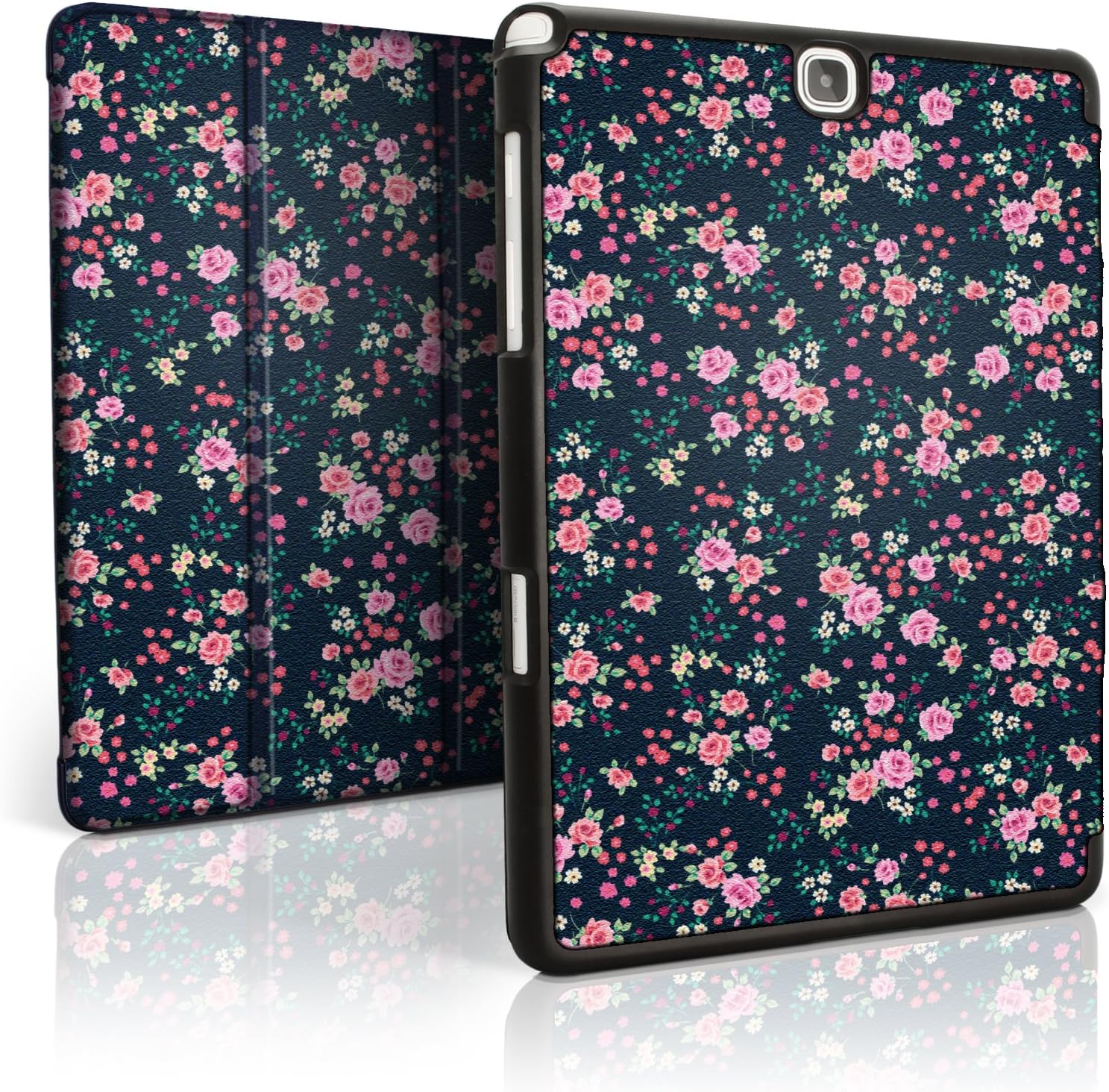 iGadgitz 'Designer Collection' Pink Rose Floral Pattern PU Leather Smart Cover Case for Samsung Galaxy Tab A 9.7" SM-T550 with Multi-Angle Viewing stand + Auto Sleep/Wake + Screen Protector