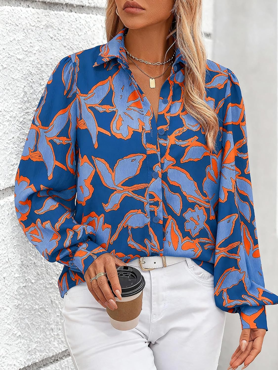 PRETTYGARDEN Women's Floral Blouses Dressy Casual V Neck Button Down Shirts Lantern Long Sleeve Boho Chiffon Spring Tops 2026 - Image 4