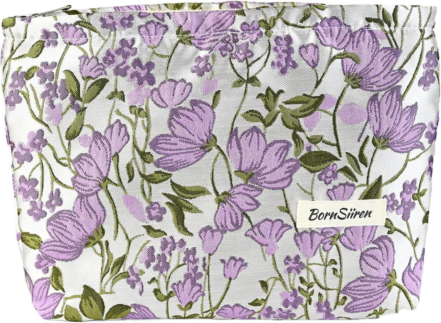 Floral Makeup Bag,Purple Flower Embroidered Cosmetic Bag for Women, Large Capacity Toiletry Bag,Zipper Pouch, Travel Accessories Storage with Lining