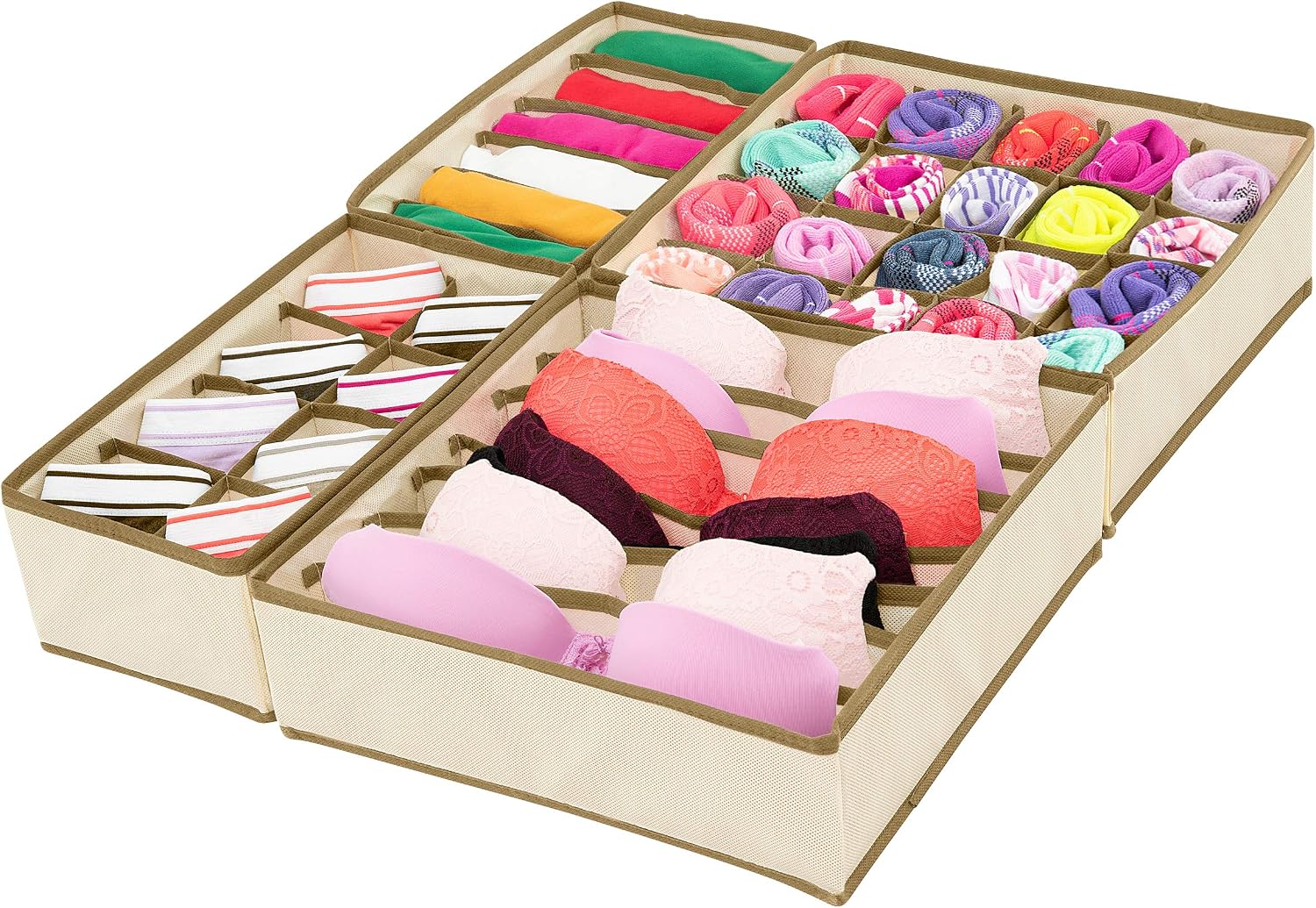 Simplized Closet Underwear Organizer, 4 Pack, Beige | Collapsible Foldable Cloth Storage Box, Dresser Drawer Organizer Divider Set Cube Basket Bins Containers for Lingerie, Clothes, Bras, Socks, Ties,