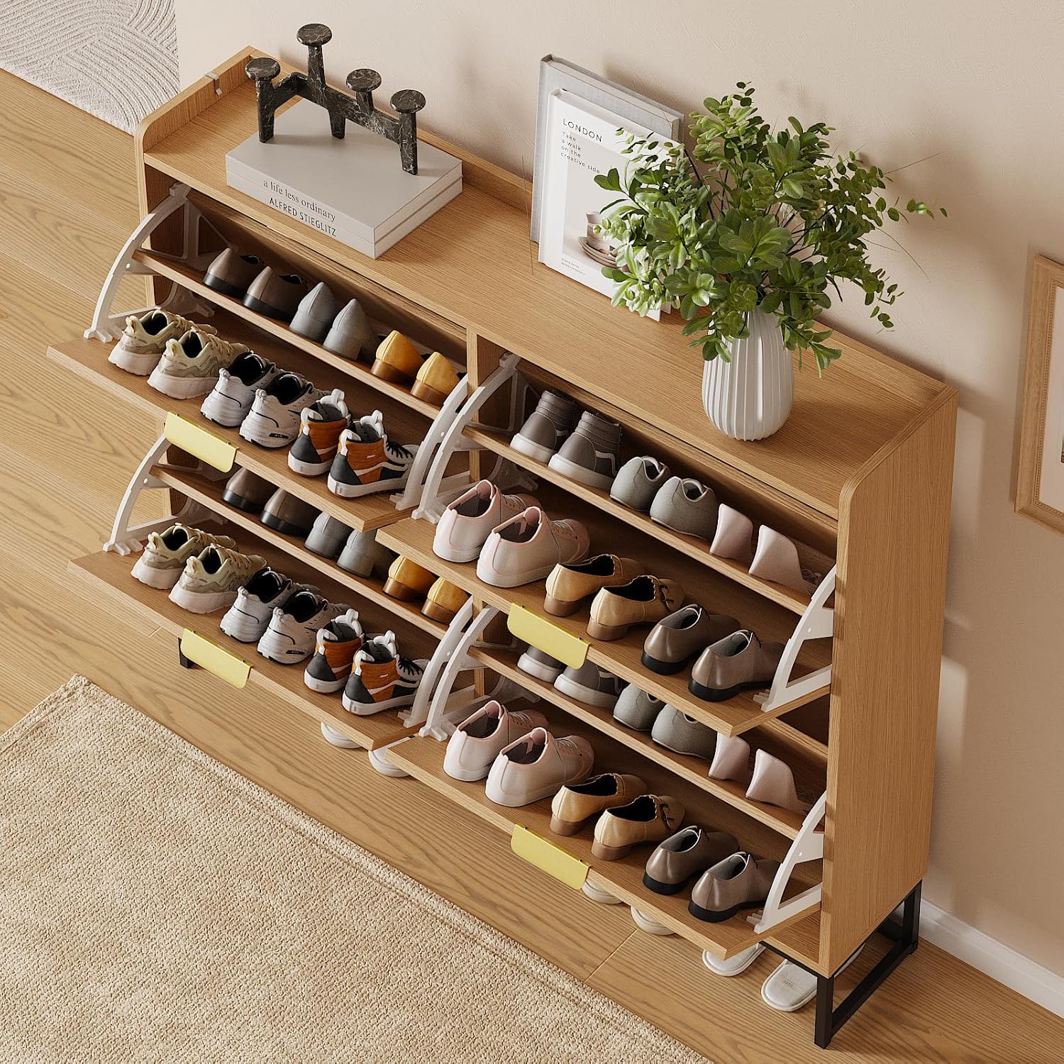 Top-down view of the open shoe cabinet filled with various shoes