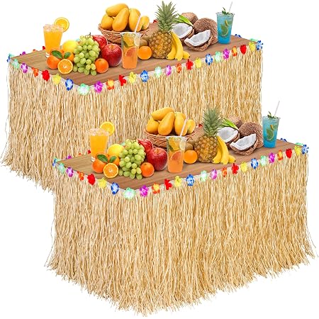 Aodaer Thickened Hawaiian Luau Table Skirt - 9ft X 29.5in With Hibiscus, Straw Yellow (400g) - View #7