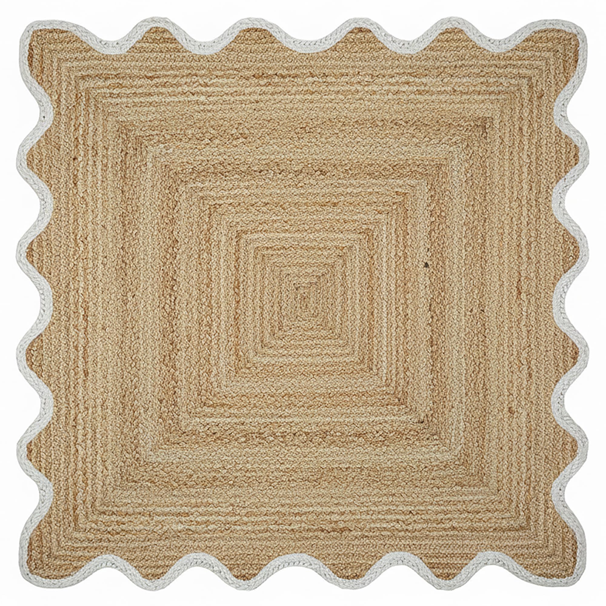 Jute Wave Scalloped Rug 7x7 Hand Braided Natural Fiber Rug Thick 0.27" Solid Square White & Beige Border Rugs Solid Farmhouse Design Living Room