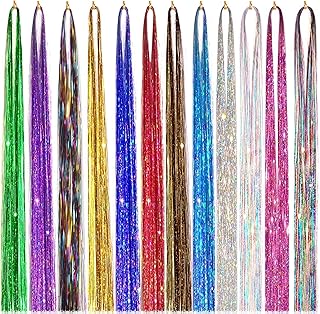 وصلات شعر تينسل لامعة من ساناس، وصلات شعر ملونة للبنات من تينسل، شرائط وصلات شعر لامعة للنساء، 12 قطعة