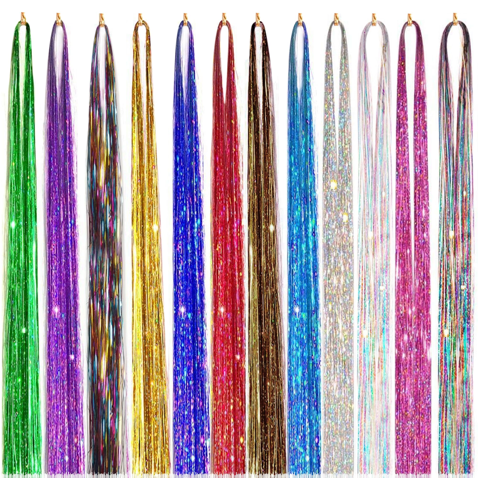 (12Pcs) Hair Tinsels For Women Hair Tinsel Glitter Extensions Highlighter Strips Extensions Glitter Spray Coloured Hair Extensions Strips Women12pcs Multicolour