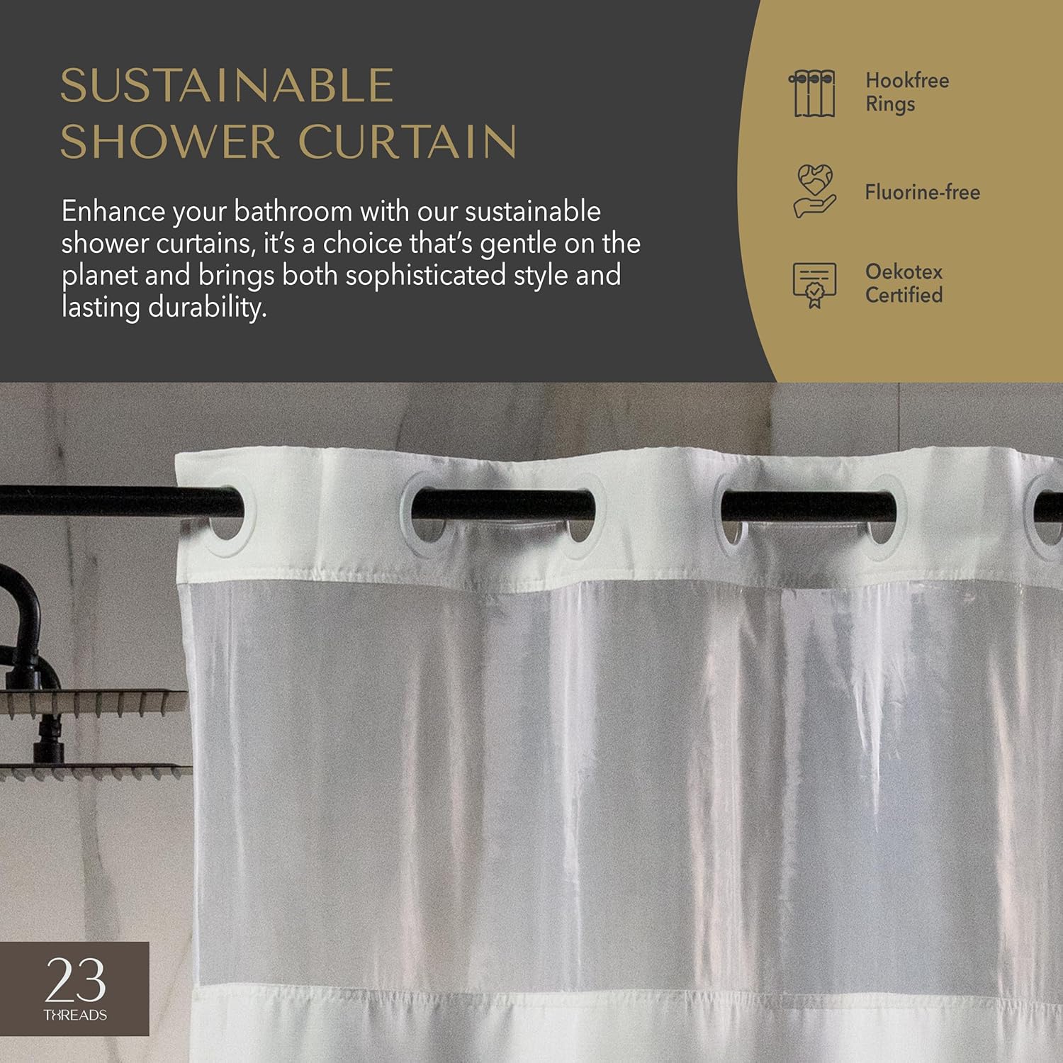 23 THREADS Fabric Shower Curtain for Bathroom, Water Resistant, Made from Sustainable Yarns, White, No Hook Needed, Textured Weave, Set with Window and Replaceable Compact Liner