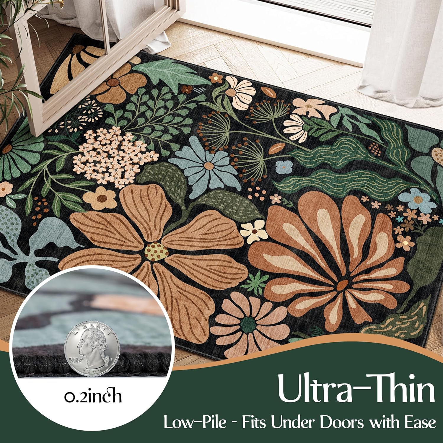 MUJOO Washable 8x10 Area Rugs for Living Room,Black Floral Large Rug for Bedroom Dining Room Indoor Non Slip Low Pile Carpet Boho Modern Abstract Vintage Botanical Flower