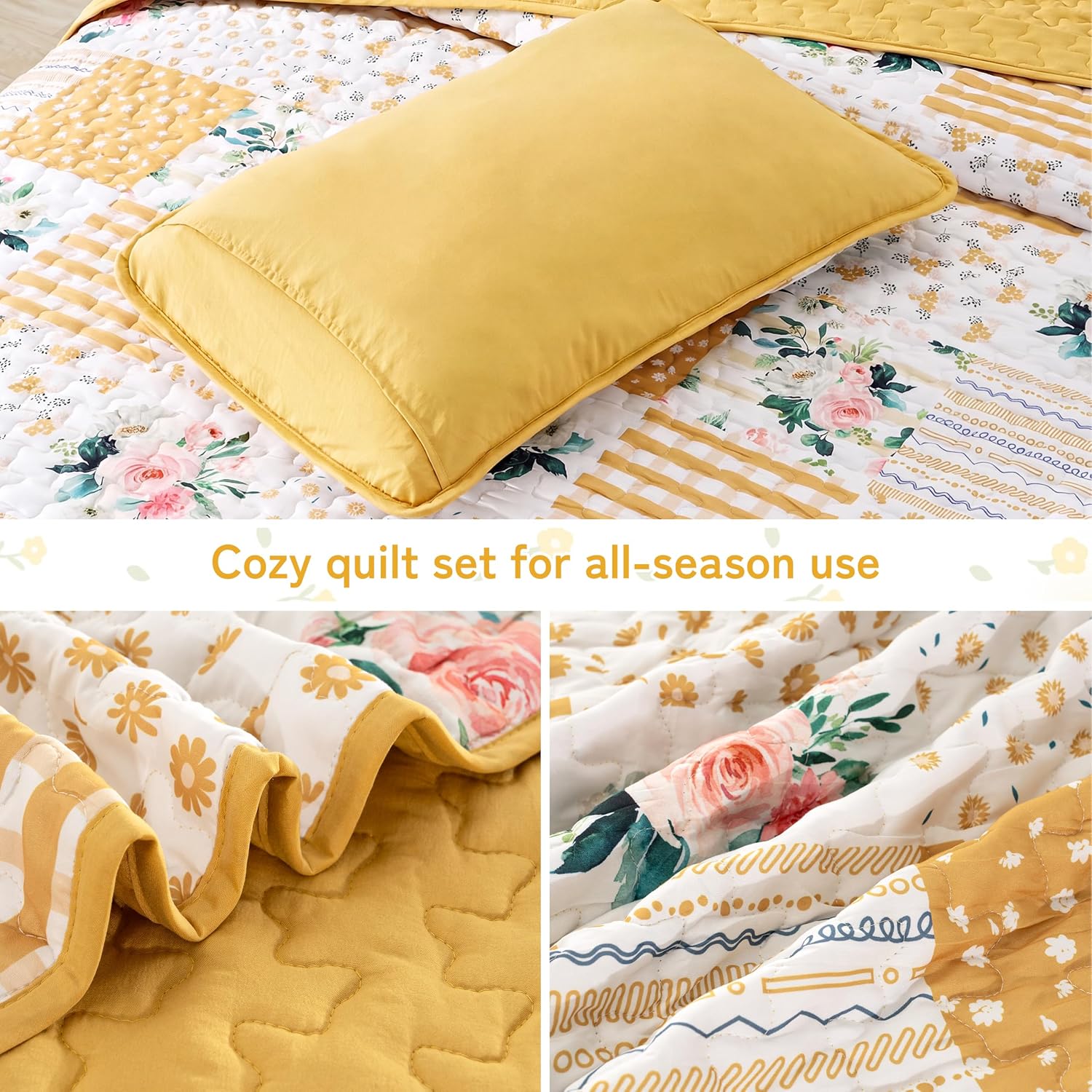 Oversized King Size Yellow Floral Patchwork Quilt Set 128x120 Extra Wide Super King Size Rversible Quilted Bedspread Coverlet Set 3-Piece Comforter Bedding Set Bed Cover with 2 Pillow Shams