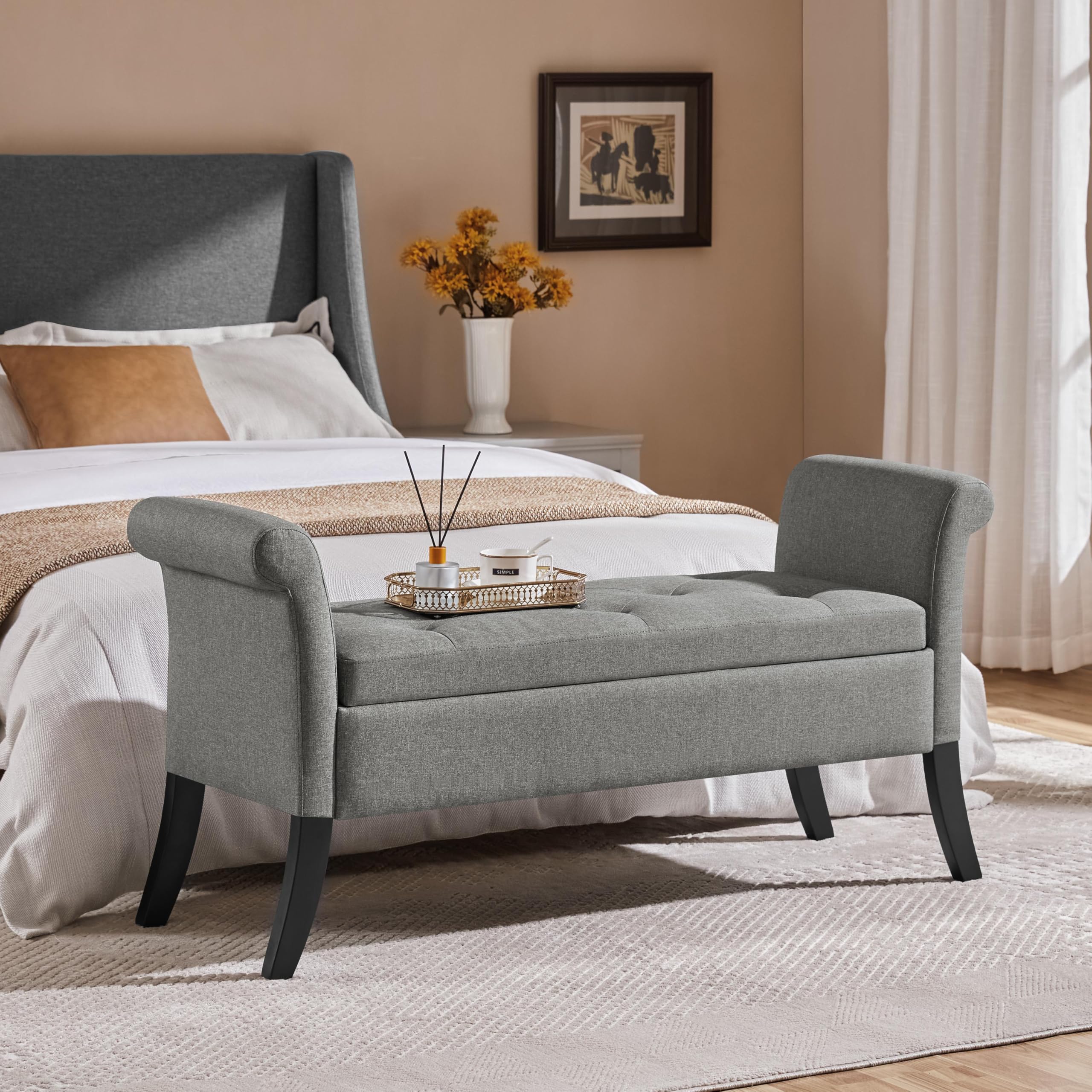 Yaheetech Ottoman with Storage, 52" Storage Ottoman Bench with Safety Hinge, Upholstered Bench with Seating for Bedroom, Living Room, Holds up to 661 lb, Light Gray