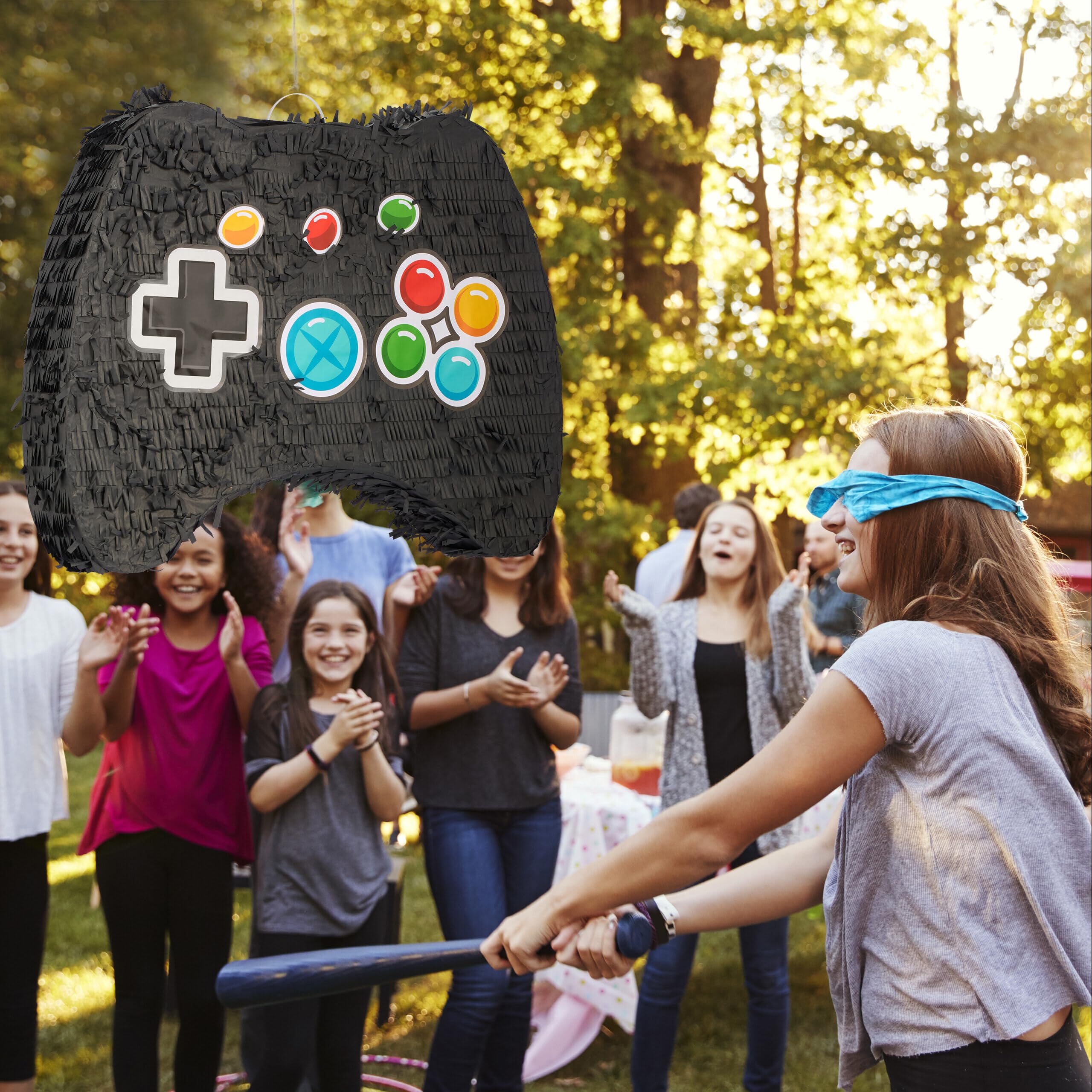 Relaxdays Pignatta Set Bastone e Maschera, Piñata Joystick Vuota, Gioco per Festa di Compleanno Bambini, Multicolore