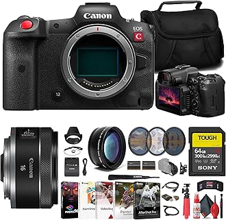 Canon EOS R5 C Mirrorless Cinema Camera (5077C002) + Canon 16mm Lens (5051C002) + Sony 64GB Tough SD Card + Filter Kit + Bag + Charger + LPE6 Battery + Telephoto Lens + Card Reader + More (Renewed)