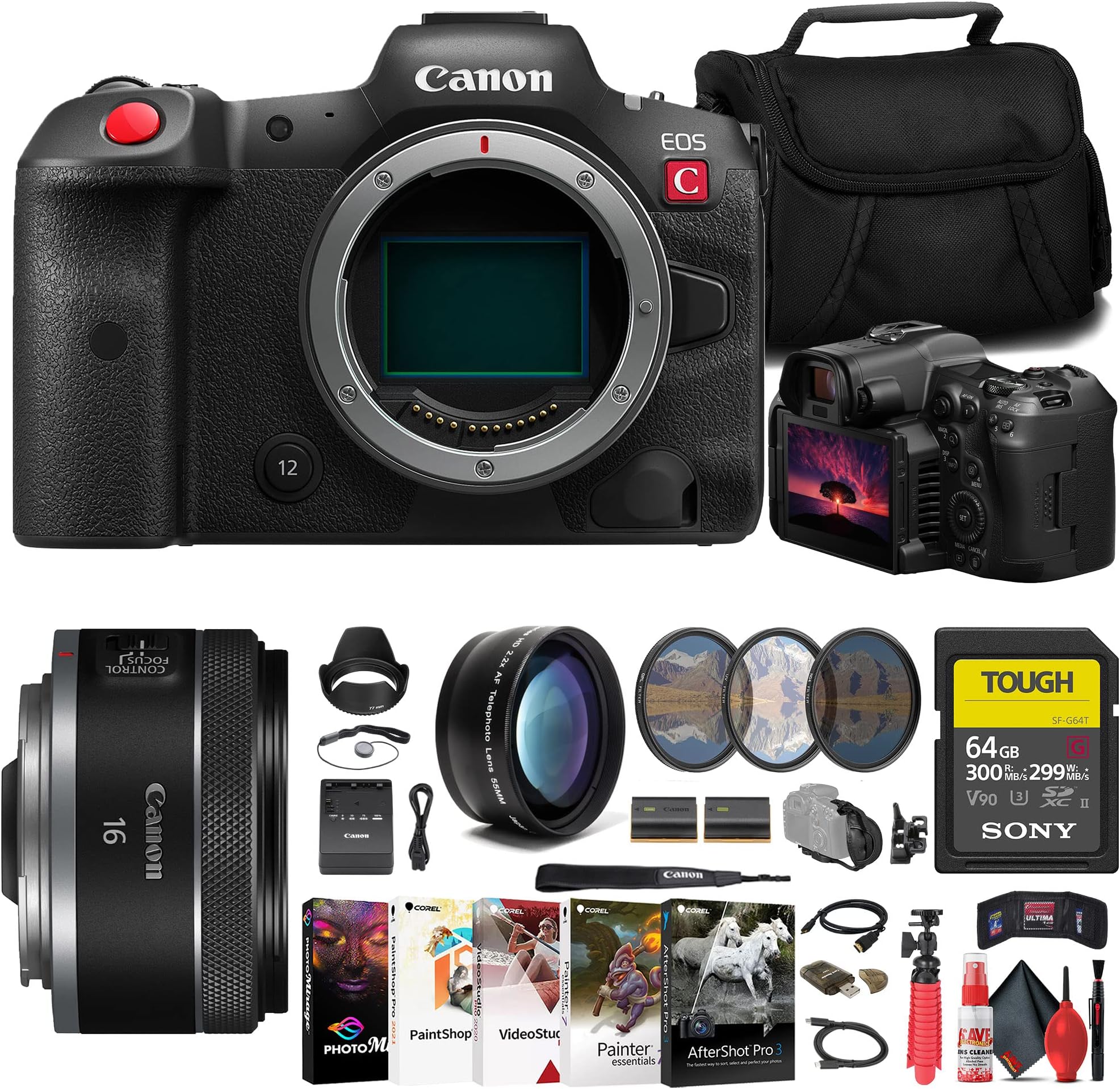Canon EOS R5 C Mirrorless Cinema Camera (5077C002) + Canon 16mm Lens (5051C002) + Sony 64GB Tough SD Card + Filter Kit + Bag + Charger + LPE6 Battery + Telephoto Lens + Card Reader + More