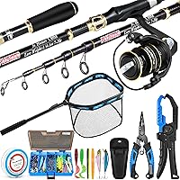 PLUSINNO Fishing Rod Reel Combo Kit - Carbon Fiber Telescopic Rod, Spinning Reel, Floating Net, Tackle Box, Lures & Pliers - Complete Gear for Beginners