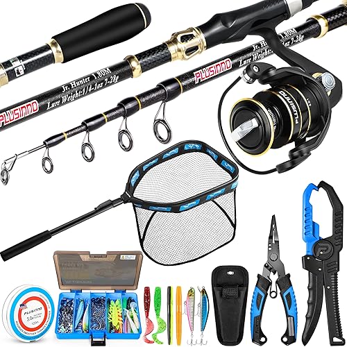 PLUSINNO Equipo de pesca, kit completo de pesca incluye caña de pescar y carrete combo, caja de aparejos con señuelos de pesca, accesorios de pesca,