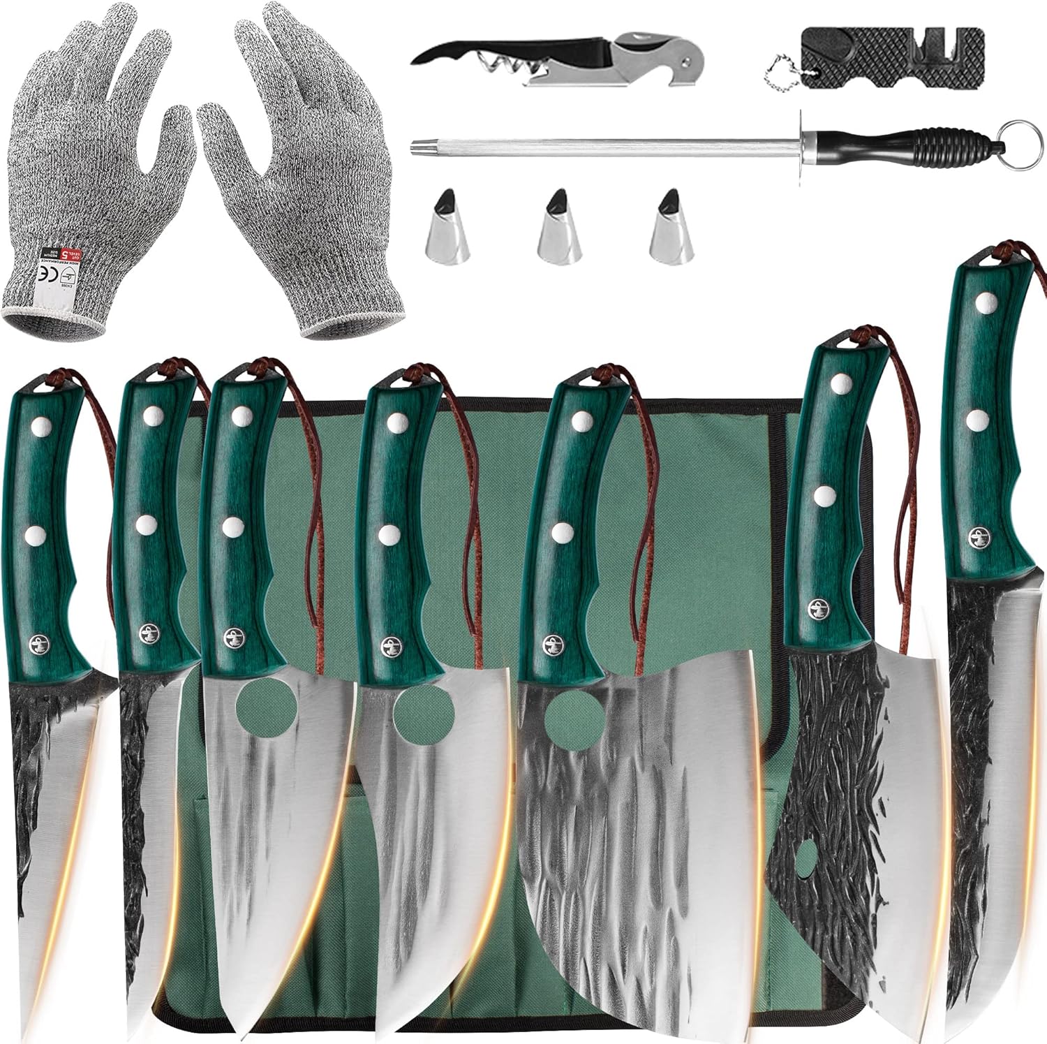 FULLHI Portable 13pcs Butcher Chef Knife Set Green