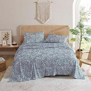 Indigo Ink - Queen Size Sheet Set, 4-Piece Boho Floral Damask Patterned ...