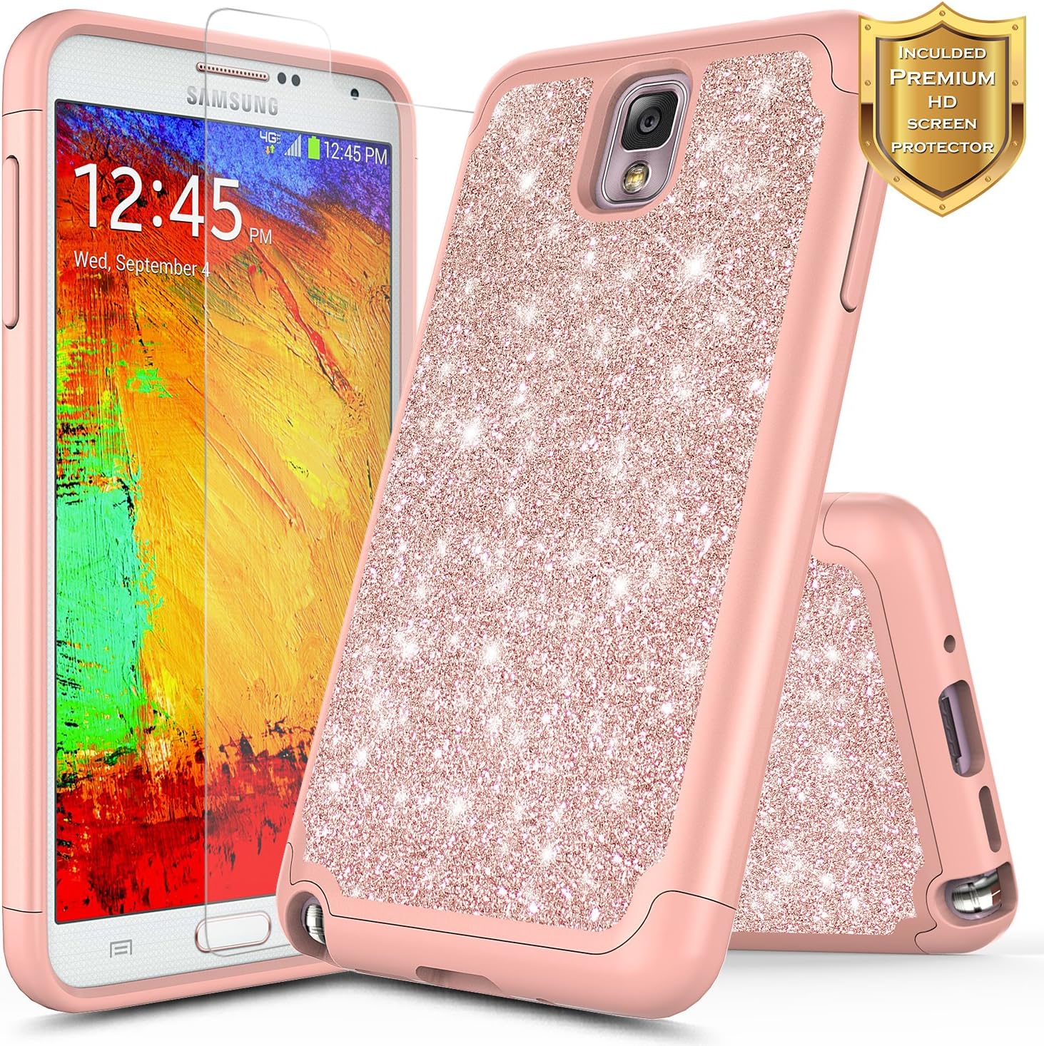 Galaxy Note 3 Case with Screen Protector HD Clear for Girls Women Kids, NageBee Glitter Case Shiny Bling Sparkle Heavy Duty Shockproof Dual Layer Girls Cute Case for Samsung Galaxy Note 3 -Rose Gold