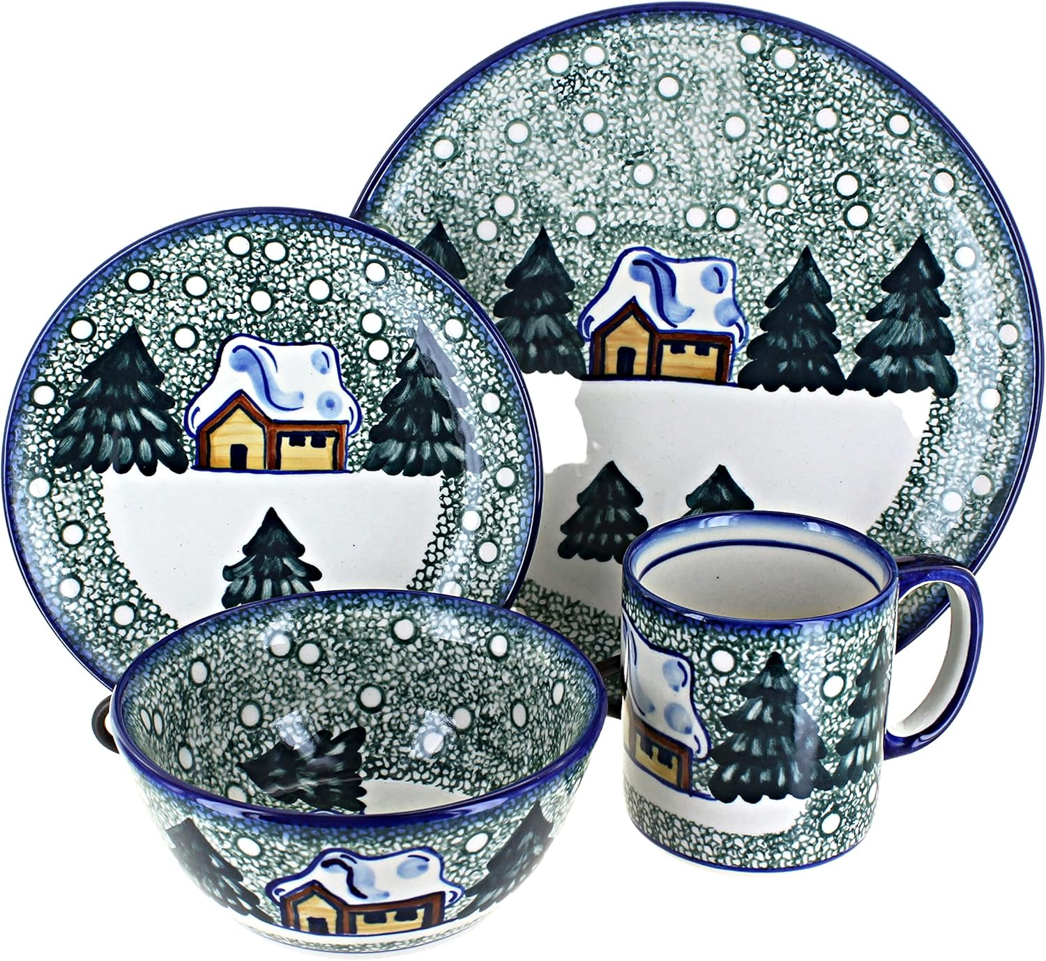 Blue Rose Polish Pottery - Winter Forest 4 PC Place Setting - Service for 1 - Green - 1 Place Setting - Ceramic Dinnerware Set, Unique Christmas Gift & Festive Tableware