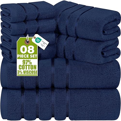 Utopia Towels 8 Piece Luxury Towel Set, 2 Bath, 2 Hand, and 4 Wash Cloths, 600 GSM Ring Spun Cotton, Highly Absorbent Viscose Stripe Towels, Ideal for Everyday use, Navy