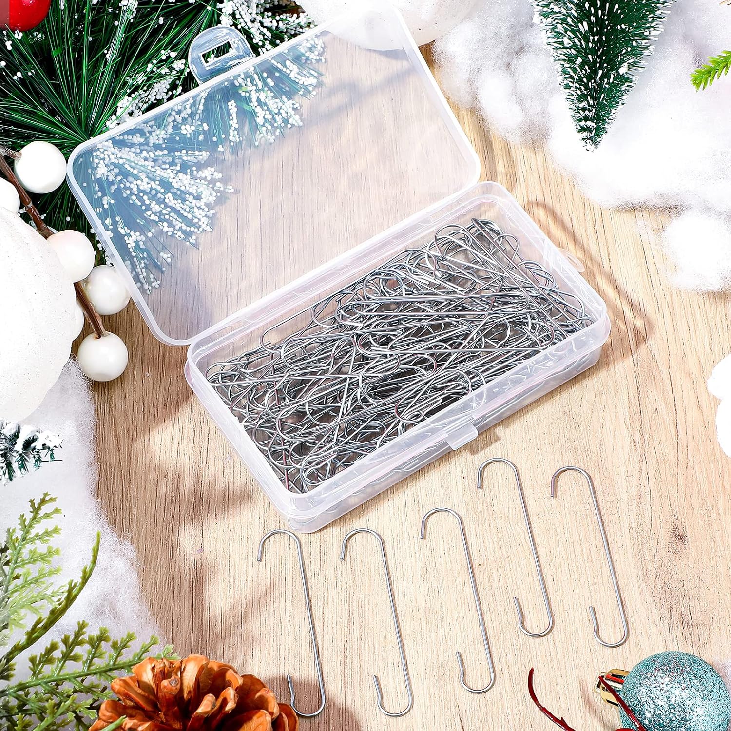 Mixweer 120pcs Christmas Ornament Hooks 0.51 x 2.36'' C Shape Ornament Hooks with Storage Box Christmas Tree Hooks for Decorations Metal Wire Hanging for Party Decor (Silver)