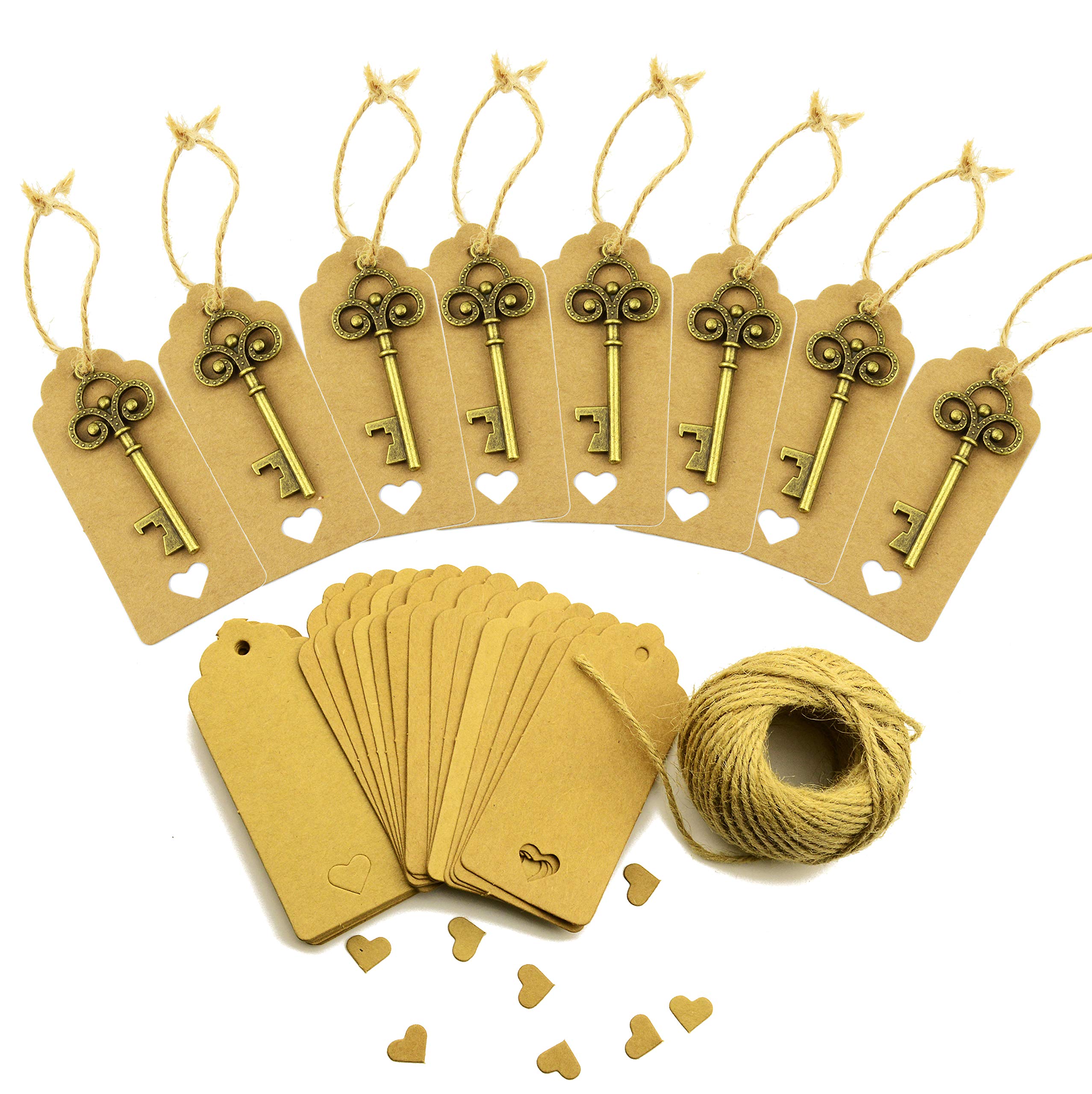 Aokbean 50pcs Wedding Favors Key Bottle Opener Brown Kraft Paper Gift Tags Rectangle Tags with 98 Feet  Nature  Jute Twine (Bronze)