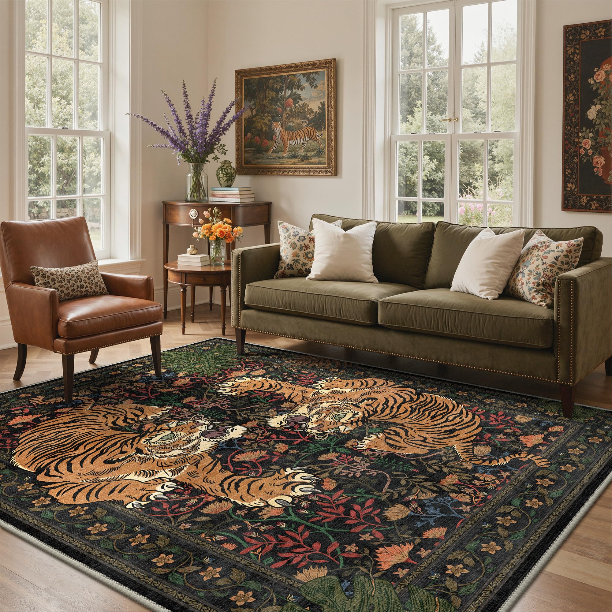 Bavni Tiger Print Washable Area Rugs 5x7 for Living Room Bedroom Non Slip — image 1