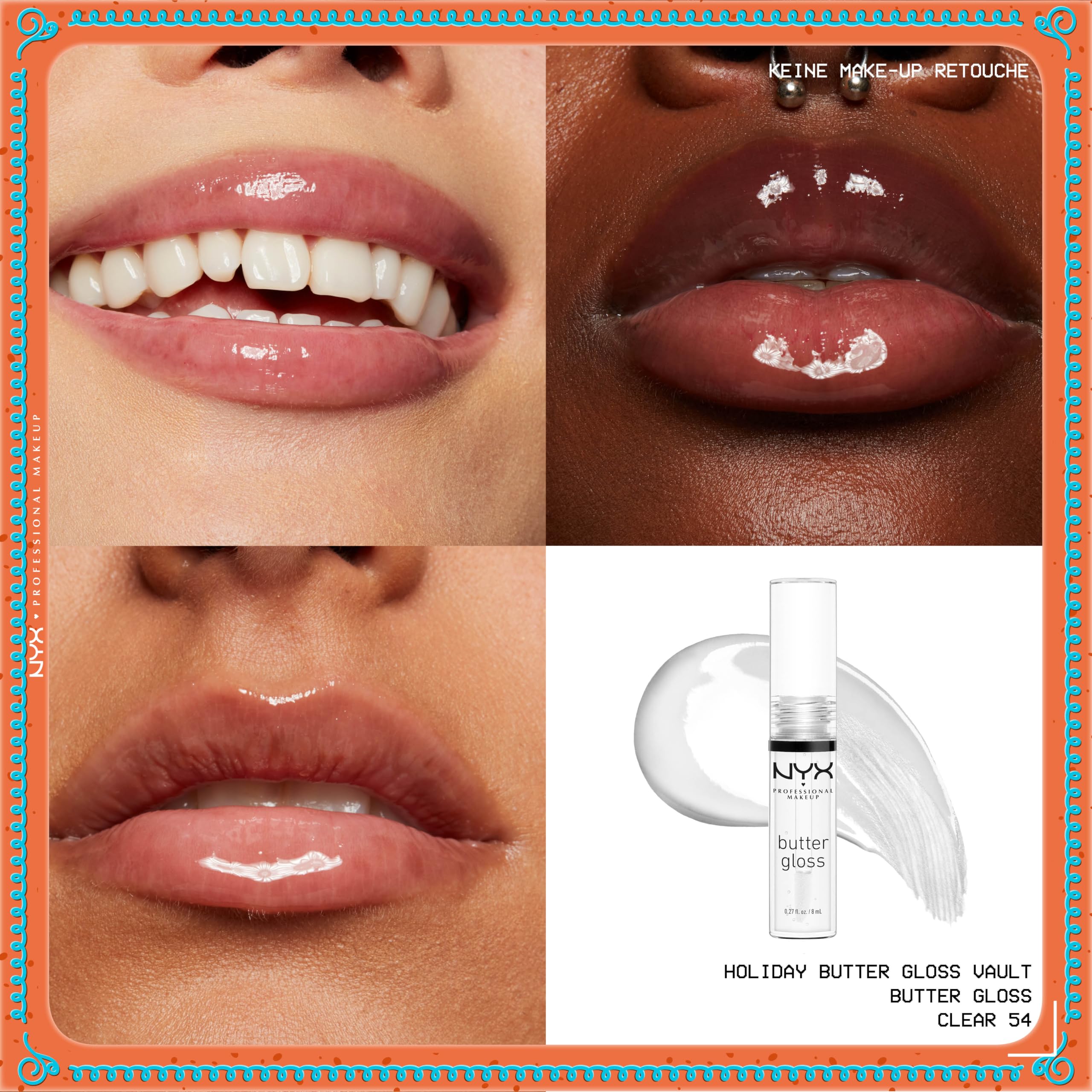 NYX Professional Makeup Butter Gloss Vault Lipglosse in Schneeflocken-Optik, Mit glänzendem Finish und nicht klebriger Formel, Butter Gloss Vault, 10 Stück