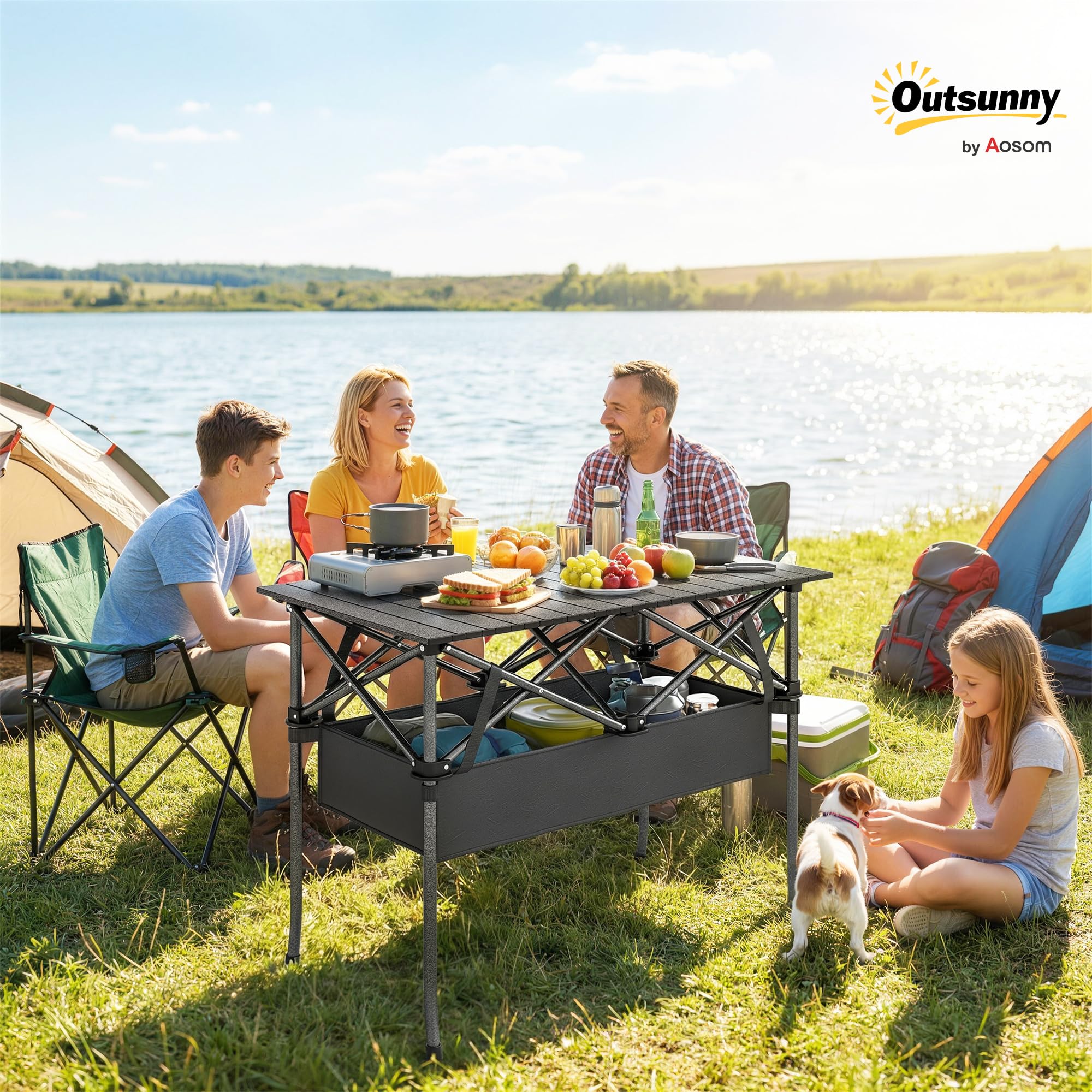Outsunny Tavolo da Picnic Pieghevole 93cm con Rete Portaoggetti e Borsa, Struttura in Metallo, Nero