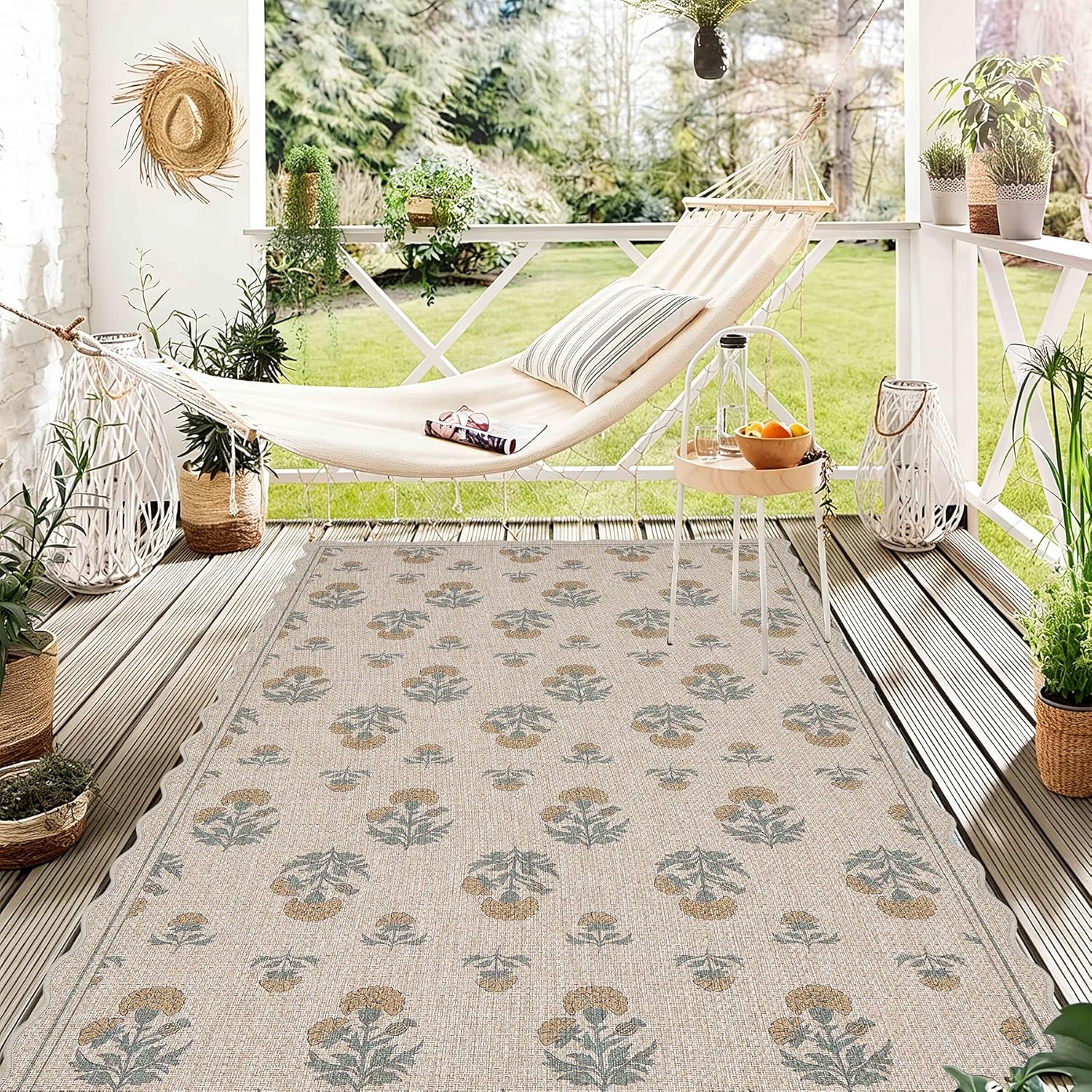 ORTIGIA Scalloped Easy Jute 3x5 Area Rug Vintage Yellow Floral Farmhouse Washable Rug Non-Slip Indoor Outdoor Carpet for Living Room Bedroom Kitchen Patio Entryway