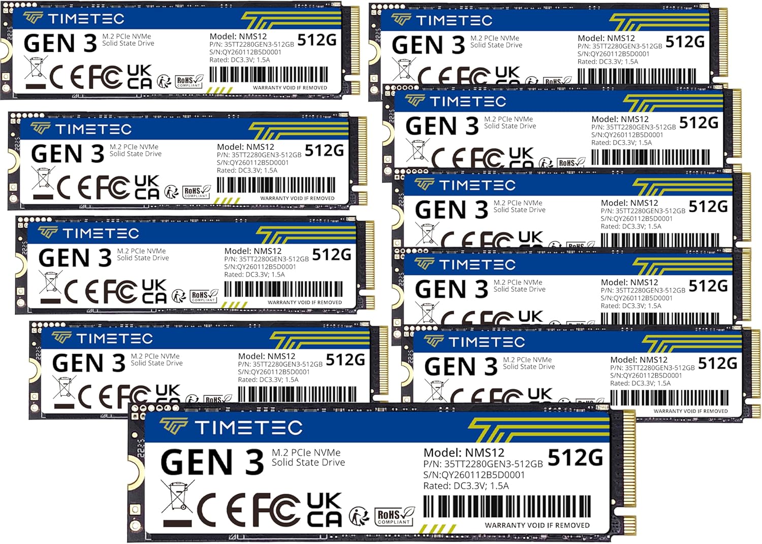 Timetec 512GBx10 (10 Pack) SSD NVMe PCIe Gen3x4 8Gb/s M.2 2280 3D NAND TLC 350TBW SLC Cache Read/Write Speed Up to 2,000/1,600 MB/s Internal Solid State Drive for PC Laptop and Desktop