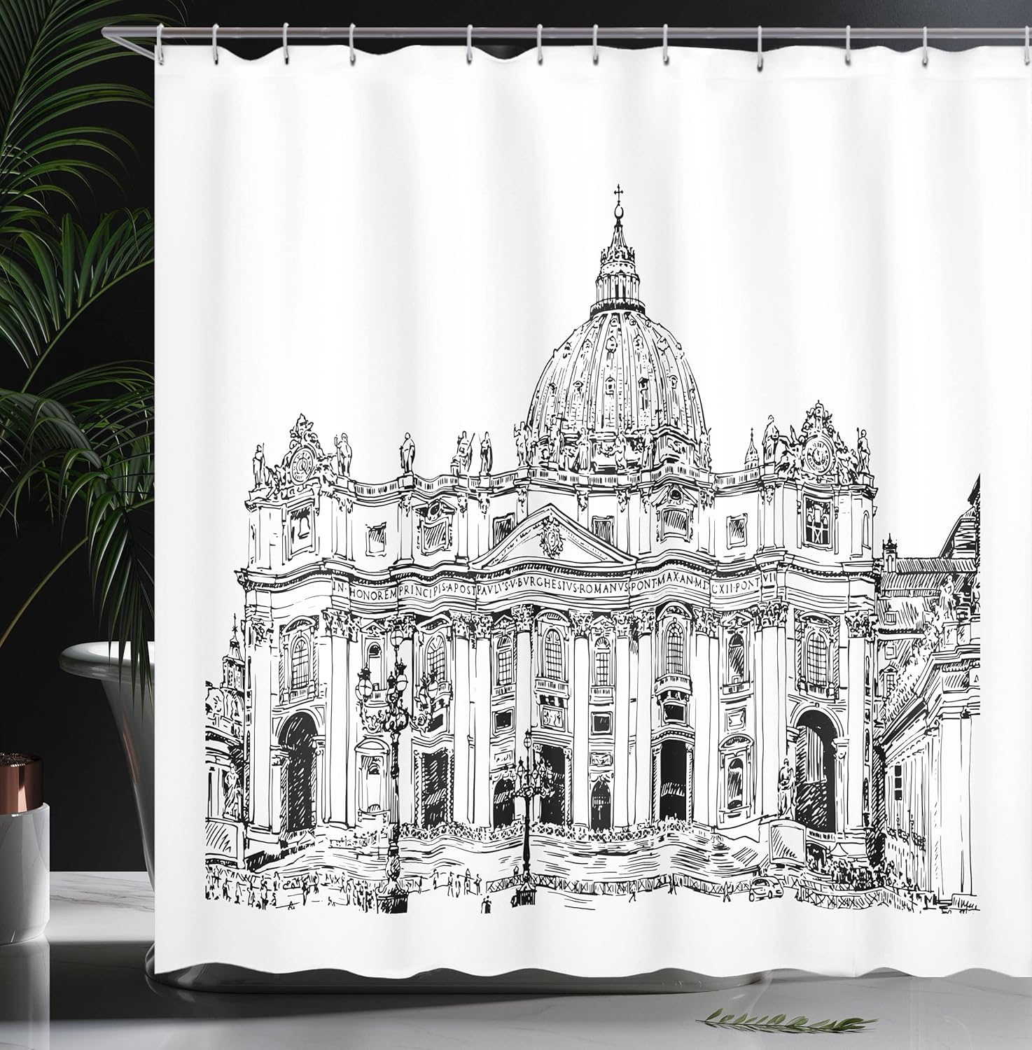 Lunarable Vintage Shower Curtain, Detailed Monochrome Architecture Drawing of Saint Peters Building Vatican Italy, Cloth Fabric Bathroom Decor Set with Hooks, 105" Extra Wide, Black White