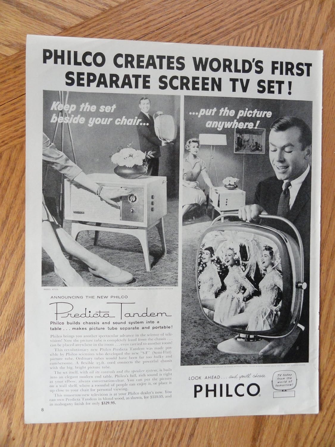 Philco TV,1958 Illustration, print ad. (world's first separate screen tv set) Original 1958 Look Magazine Print Art.