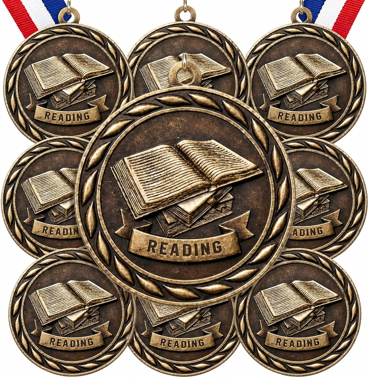 Kenning 15 Pack Award Medals Bulk 2 Inch Reading Award Medals with Neck Ribbons Vintage Student Honor Trophy Gift Prizes for Scholastic Competitions Book Lovers