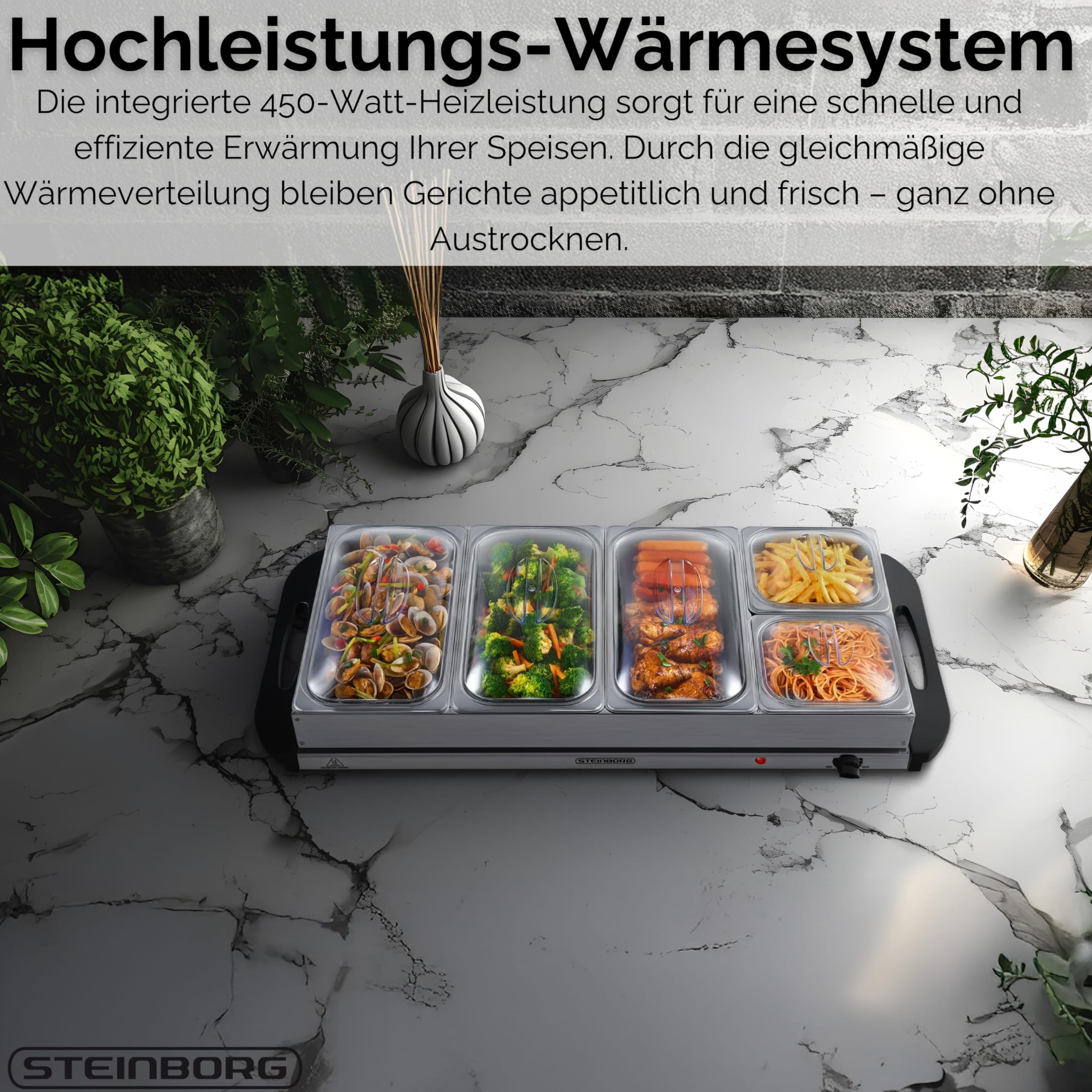 Steinborg Buffetwärmer XXL elektrische Warmhalteplatte 450 Watt 5 Speisebehälter 10 Liter