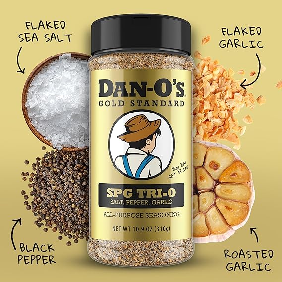 Dan-Os SPG Tri-O Seasoning Salt, Pepper & Garlic Blend Medium Bottle Premium All Purpose SPG for Steak, Chicken, Seafood & Veggies