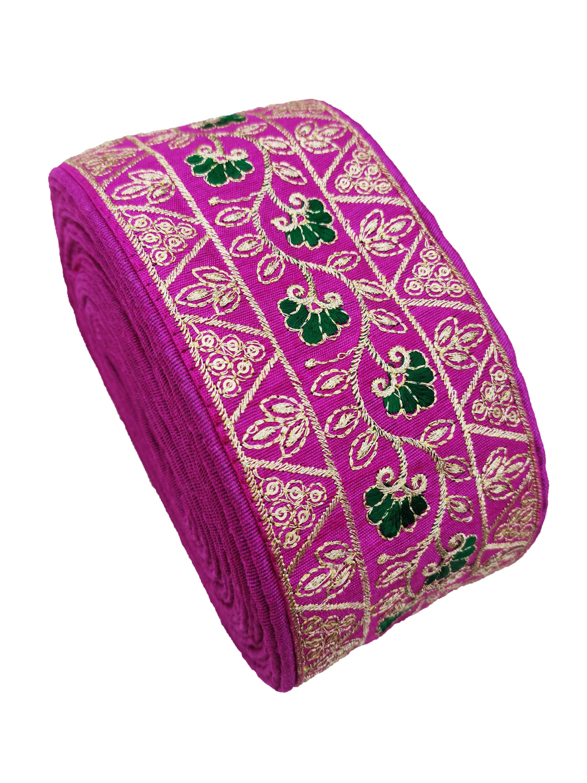 CARTZEYE Embroidery Gold Work Lace Border with Sequence Decorative Ribbon for Saree, Dress, Kurti, Bandhani, Lehenga - 8 cm Width (Pink, 9 Meter) 2