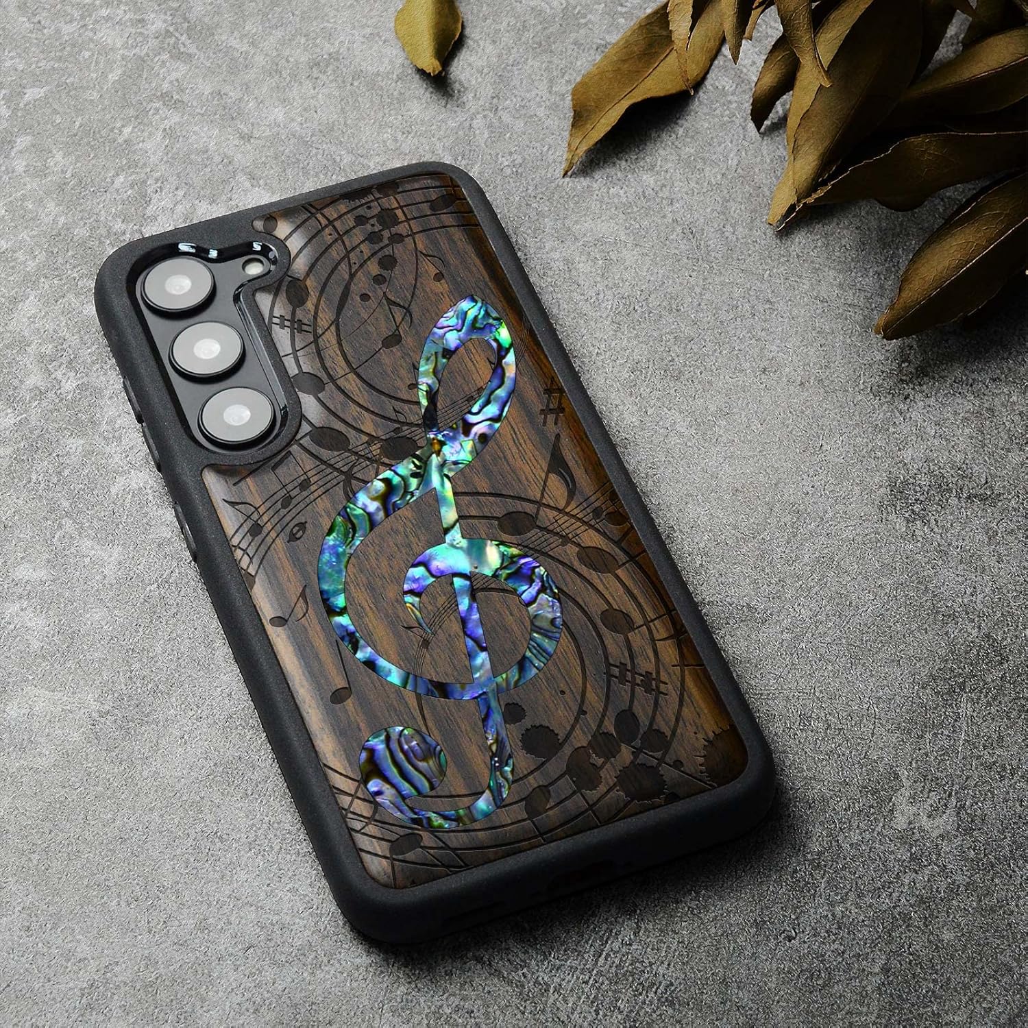 Carveit Designer Wooden Case for Samsung Galaxy S23 Plus Cover [Wood Engraving & Shell Inlay] Wood Phone Case Compatible with Wireless Chargers Galaxy S23 Plus Case (Musical Note-Blackwood)
