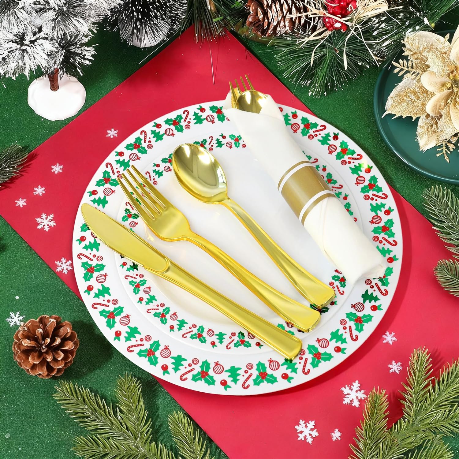 350pcs Christmas Disposable Plates & Cutlery Set - Plastic Plates, Tree Design, Gold Disposable Silverware, Clear Gold Cups for Holiday Celebrations