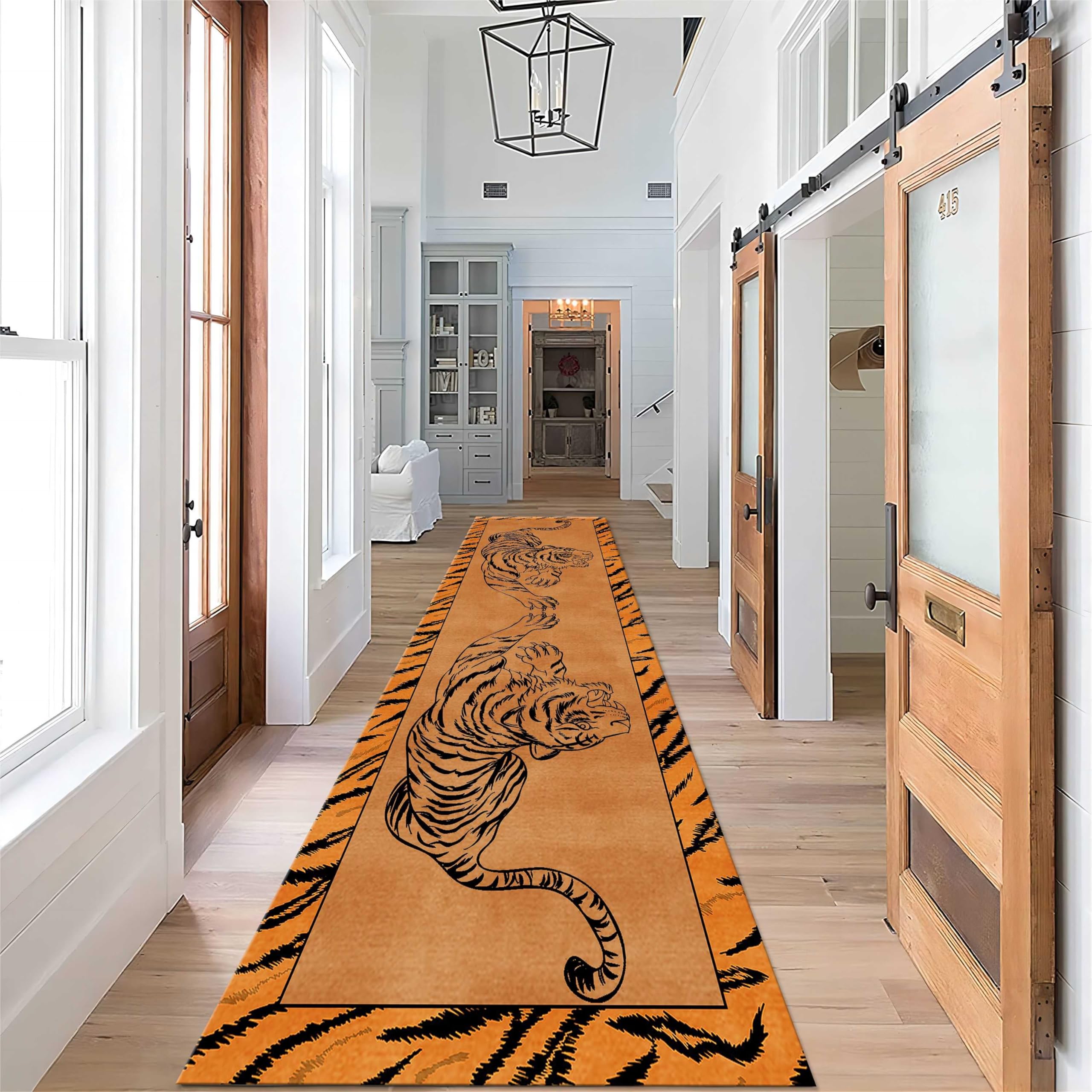 Puyosvr Tiger Print Runner Rugs for Hallway 2x7ft,Rustic Animal Skin Print Strip Rugs, Interior Non Slip Washable Carpet for Living Room, Bedroom,