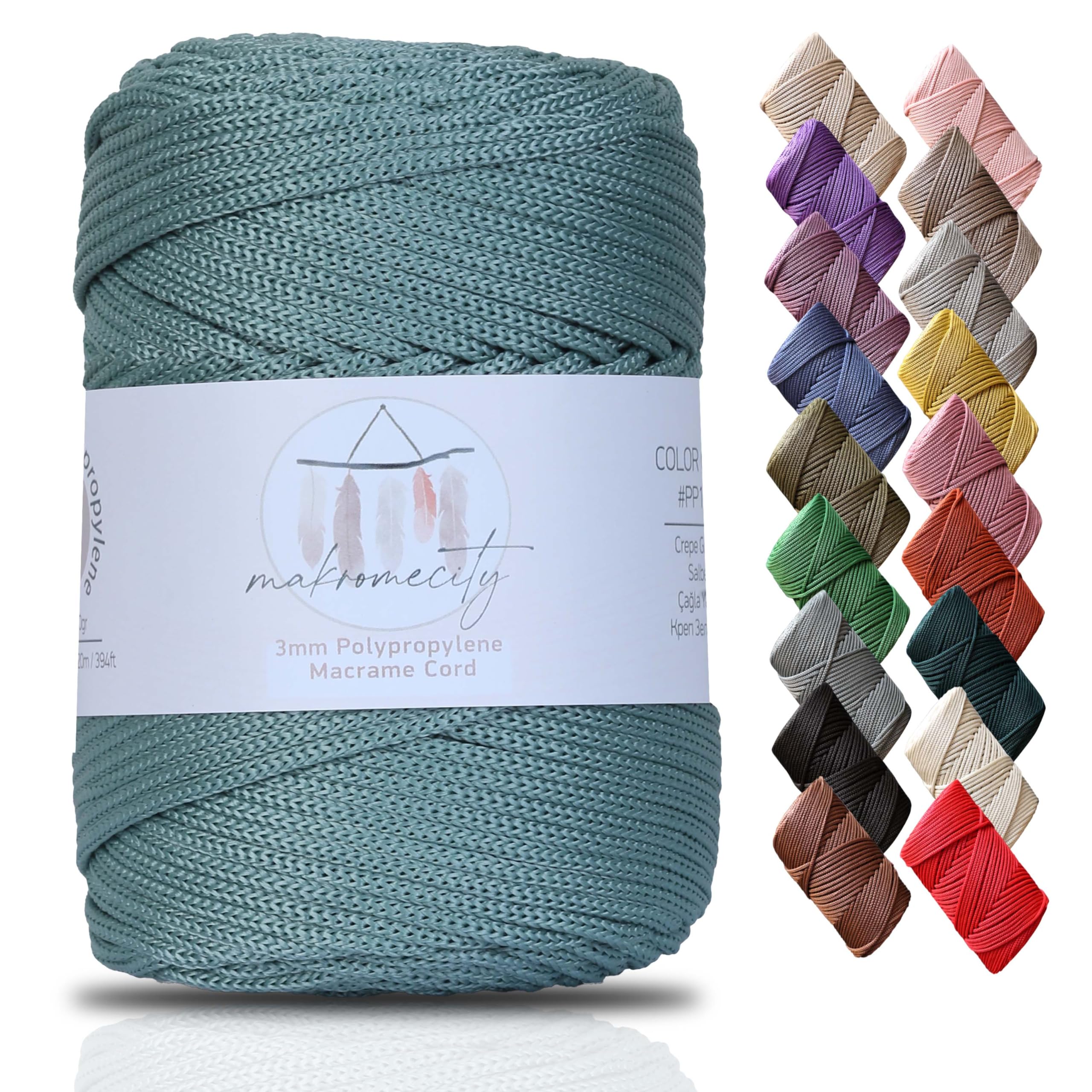 Makromecity Premium Polyester Macrame Cord, 3mm x 131 Yards (394 feet), Crepe Green, Perfect for Wall Hangings, Bags, Underplate, Rug