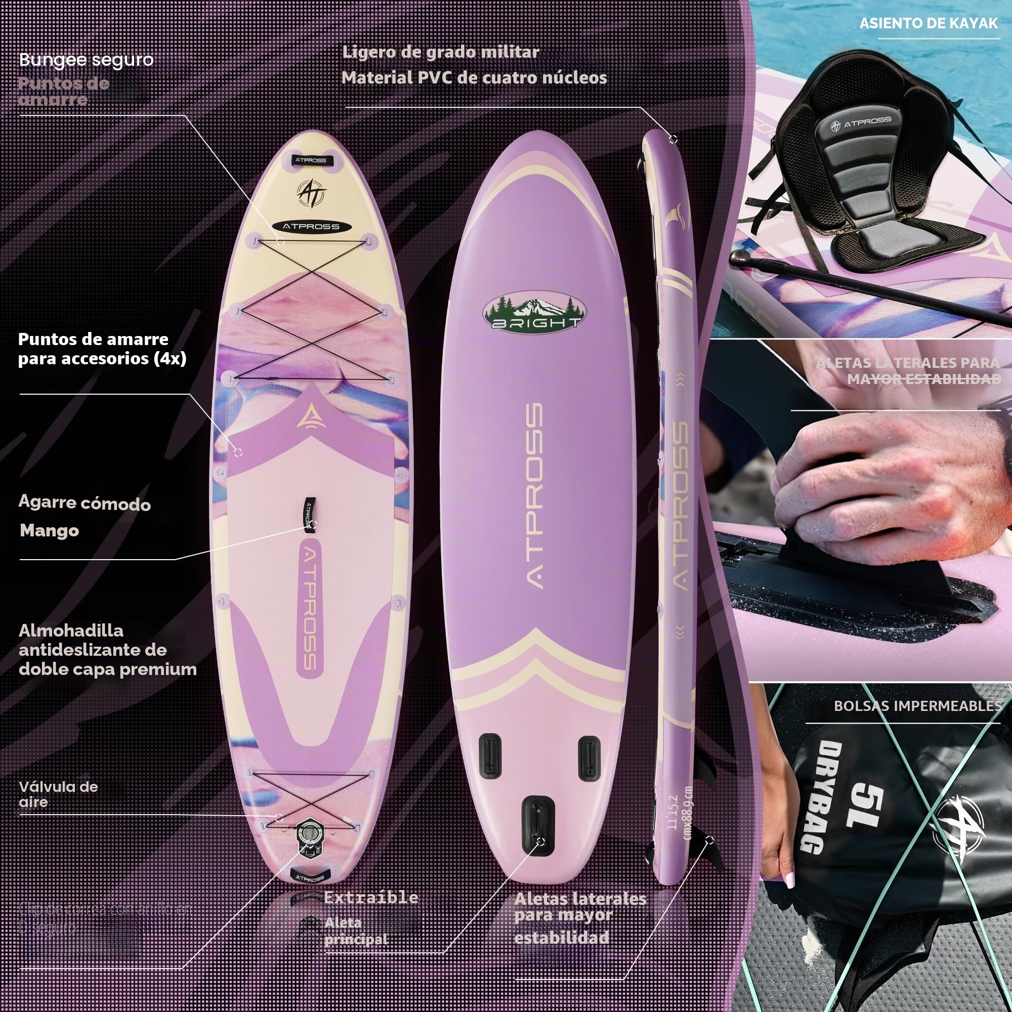 Tabla Paddle Surf Hinchable Inflable Extra Grande para Adultos, con Capacidad para 204,1 kg. con Kit de Accesorios Mochila. Kayak Inflable, Antideslizante, Ideal para Yoga,