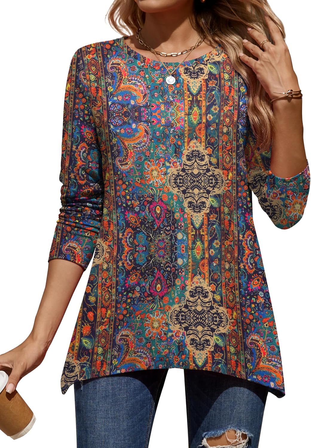 Zeagoo Long Sleeve Tops for Women Dressy Casual Sweatshirt Flowy Tunic with Asymmetrical Hem Crewneck Fall Clothes